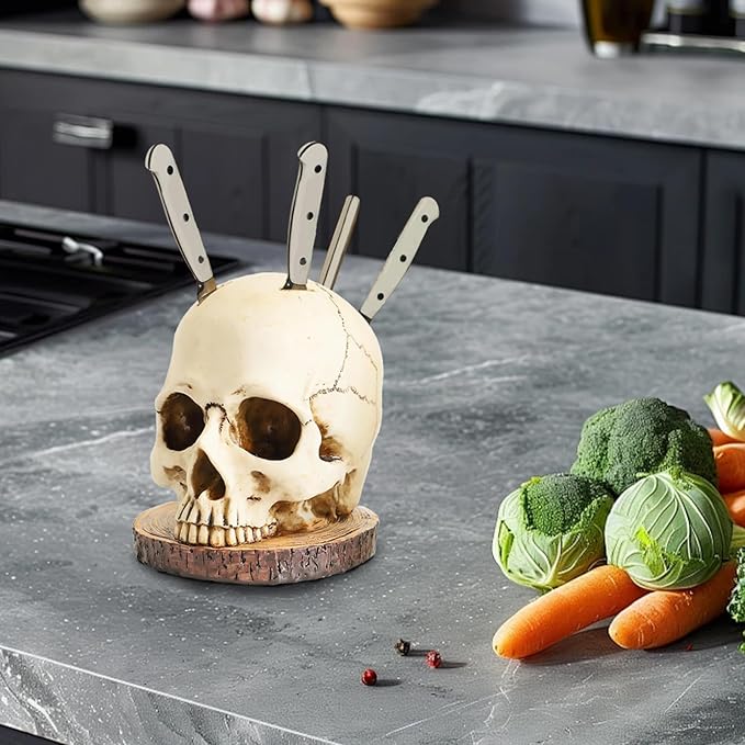 Life Size Skull Knife Holder Resin Skull Shaped Knife Block for Kitchen Indoor Desk Decorations