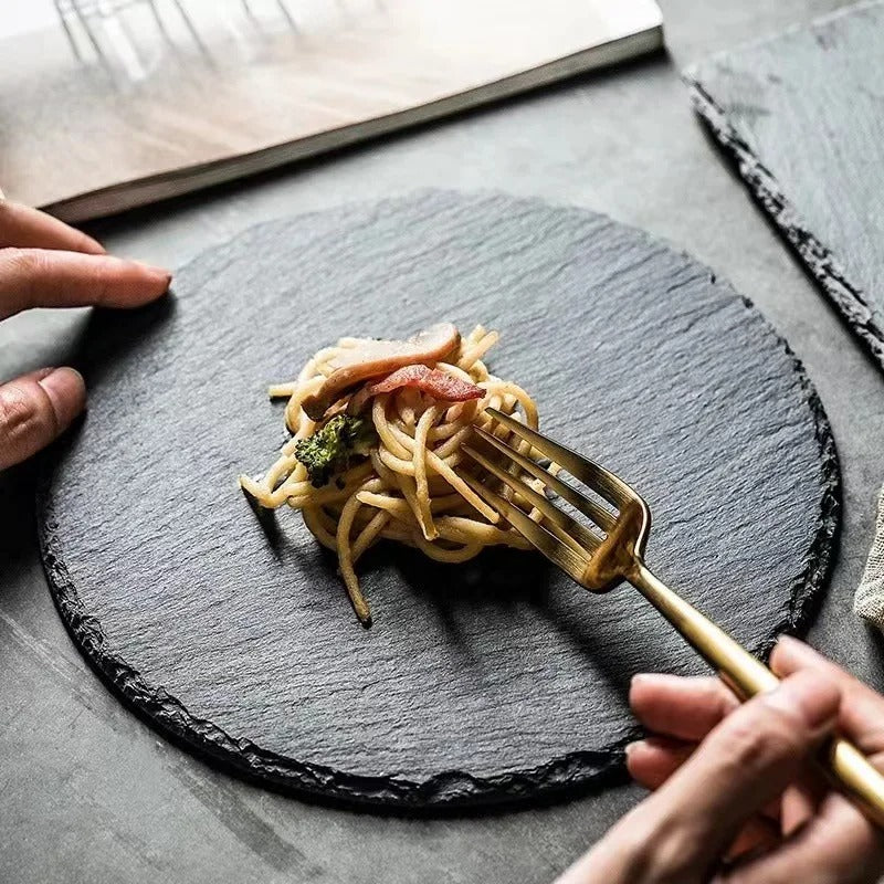Japanese Style Black Slate Sushi Plate – 20 cm Luxury Rock Dining Plate for Western Cuisine and Grilled Meats