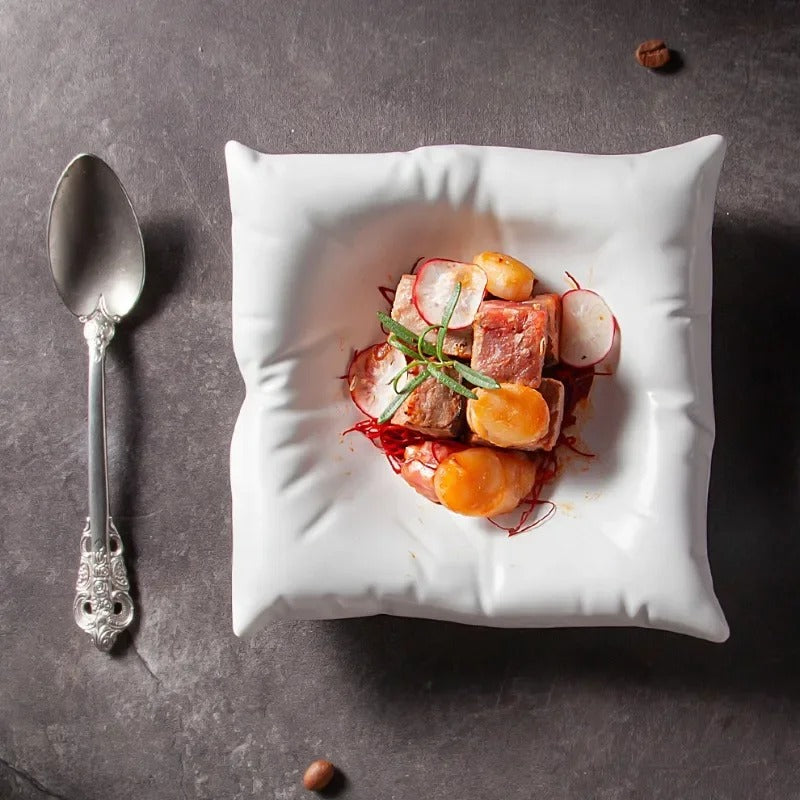 Creative Ceramic Pillow-Style Dinner Plate – Square White and Black Artistic Dessert Tableware