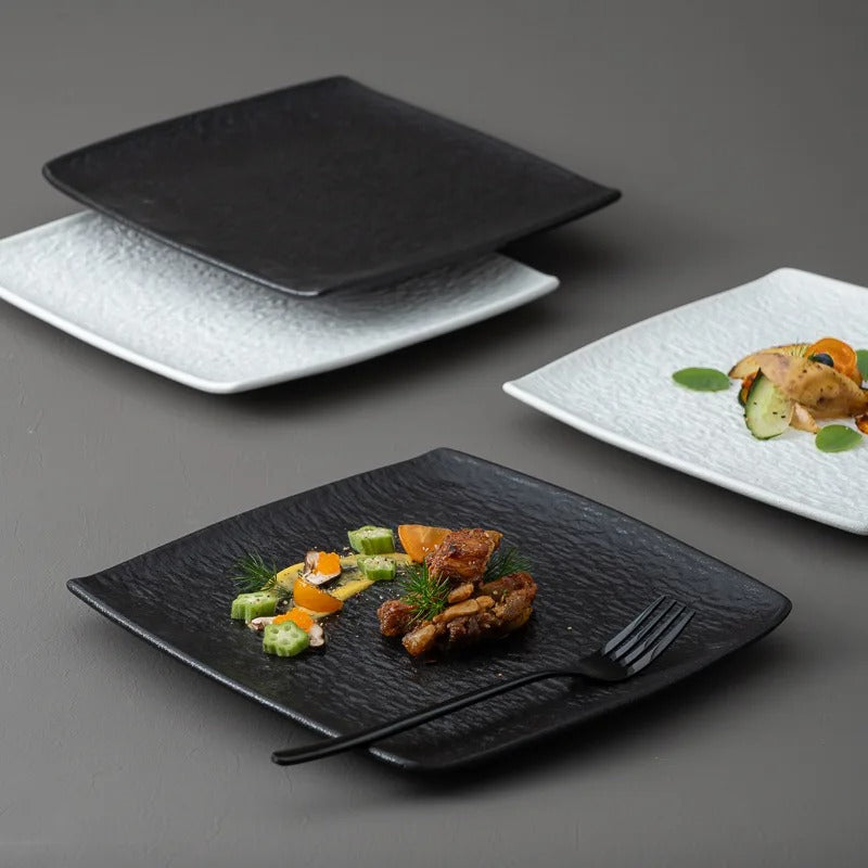 High Quality Matte Ceramic Dinner Plates – 9-Inch Square Retro Dishes in Black & White