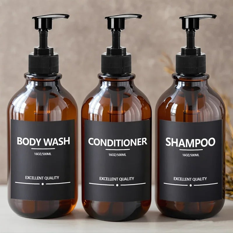 Amber Bathroom Dispenser Bottles – 500ml Reusable Set with Black Label Stickers