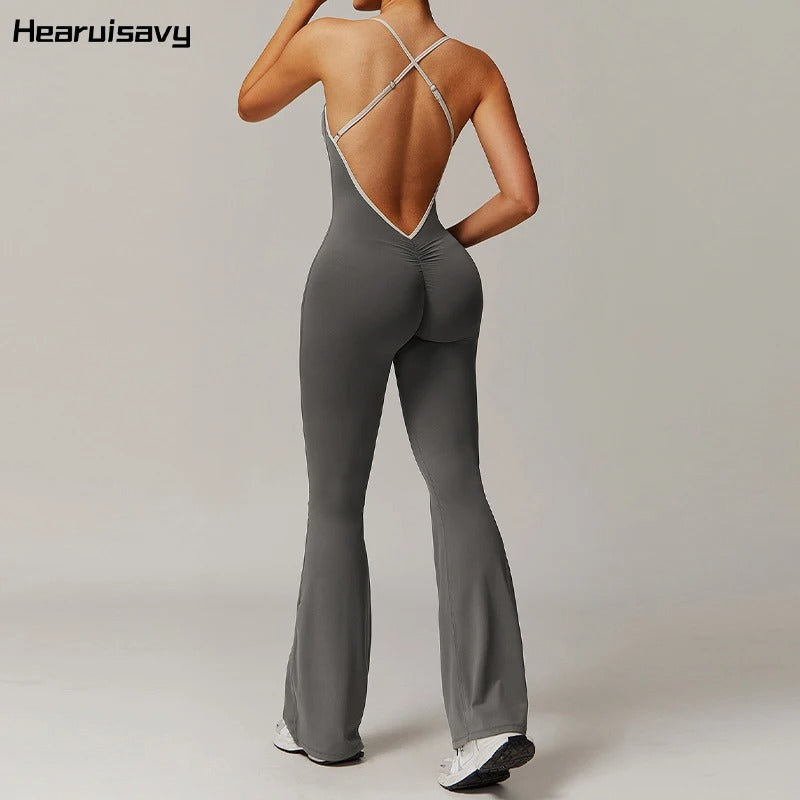 V-Back One-Piece Workout Jumpsuit for Women – Sleeveless Backless Sportswear with Contour Fit Design