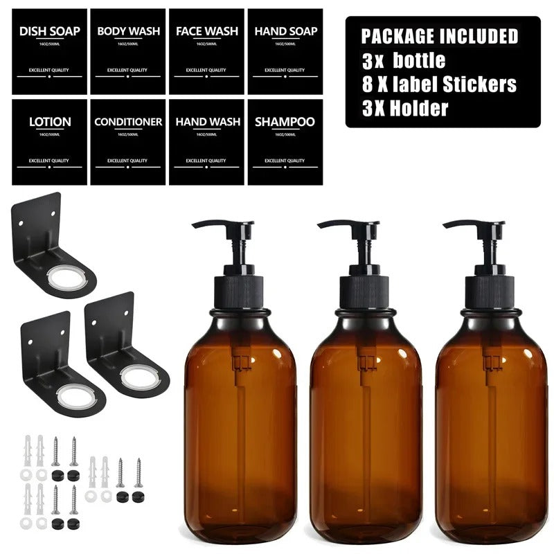 Amber Bathroom Dispenser Bottles – 500ml Reusable Set with Black Label Stickers