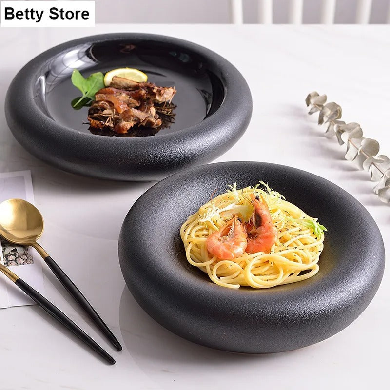 Japanese Style Matte Black Ceramic Dinner Plate – 9-Inch Deep Round Dish for Pasta, Dessert & More