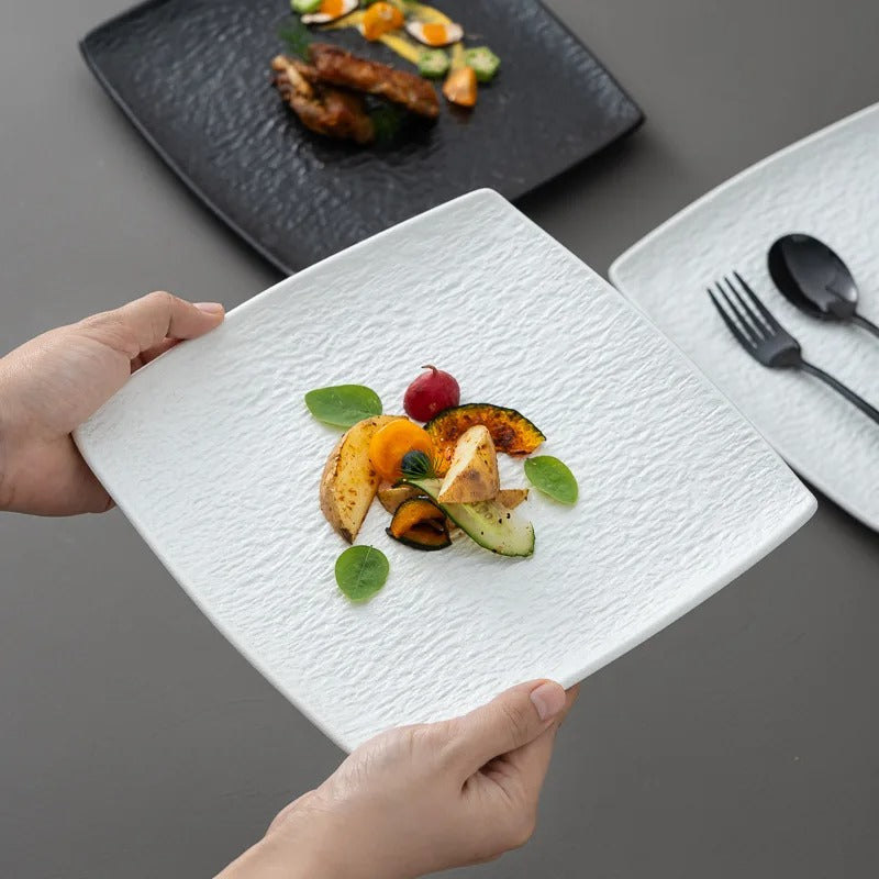 High Quality Matte Ceramic Dinner Plates – 9-Inch Square Retro Dishes in Black & White
