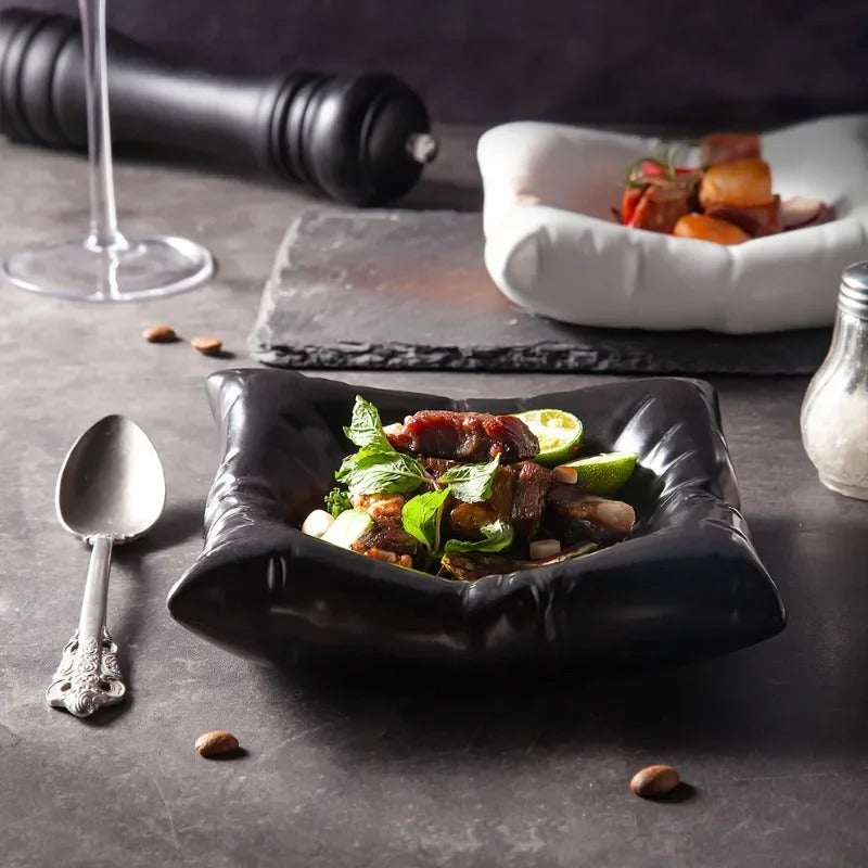 Creative Ceramic Pillow-Style Dinner Plate – Square White and Black Artistic Dessert Tableware