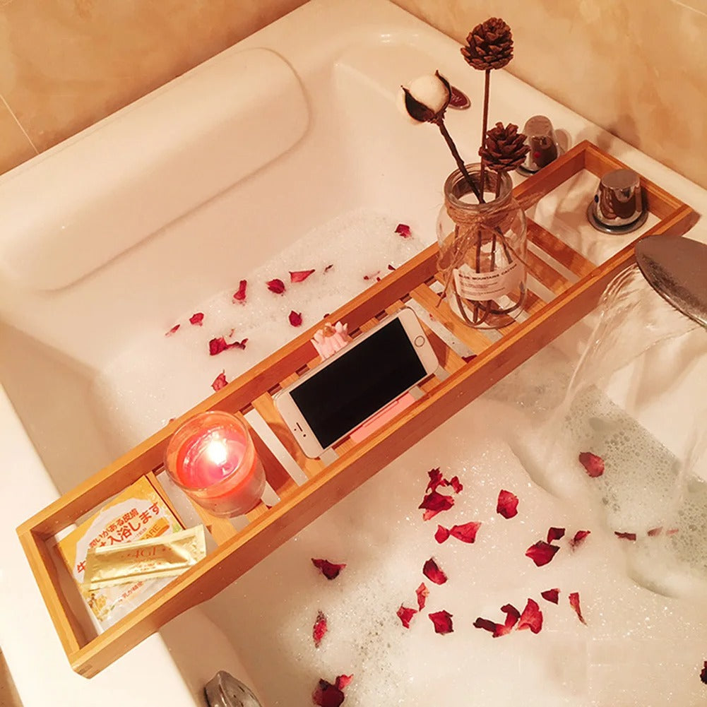 Bamboo Bath Tray – Wooden Bathtub Rack Organizer