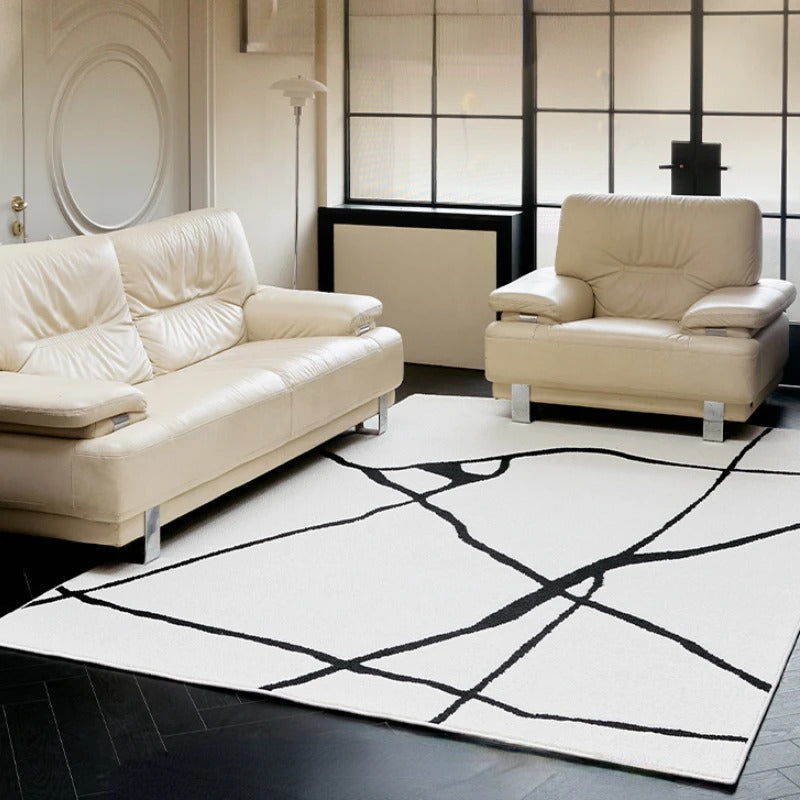 Modern Black Luxury Fluffy Area Rug – Soft Plush Washable Carpet with White Line Design for Living Room & Bedroom