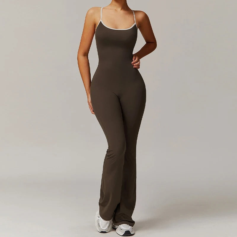 V-Back One-Piece Workout Jumpsuit for Women – Sleeveless Backless Sportswear with Contour Fit Design