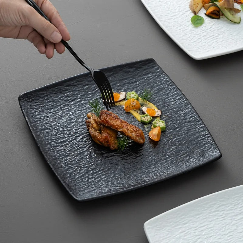 High Quality Matte Ceramic Dinner Plates – 9-Inch Square Retro Dishes in Black & White