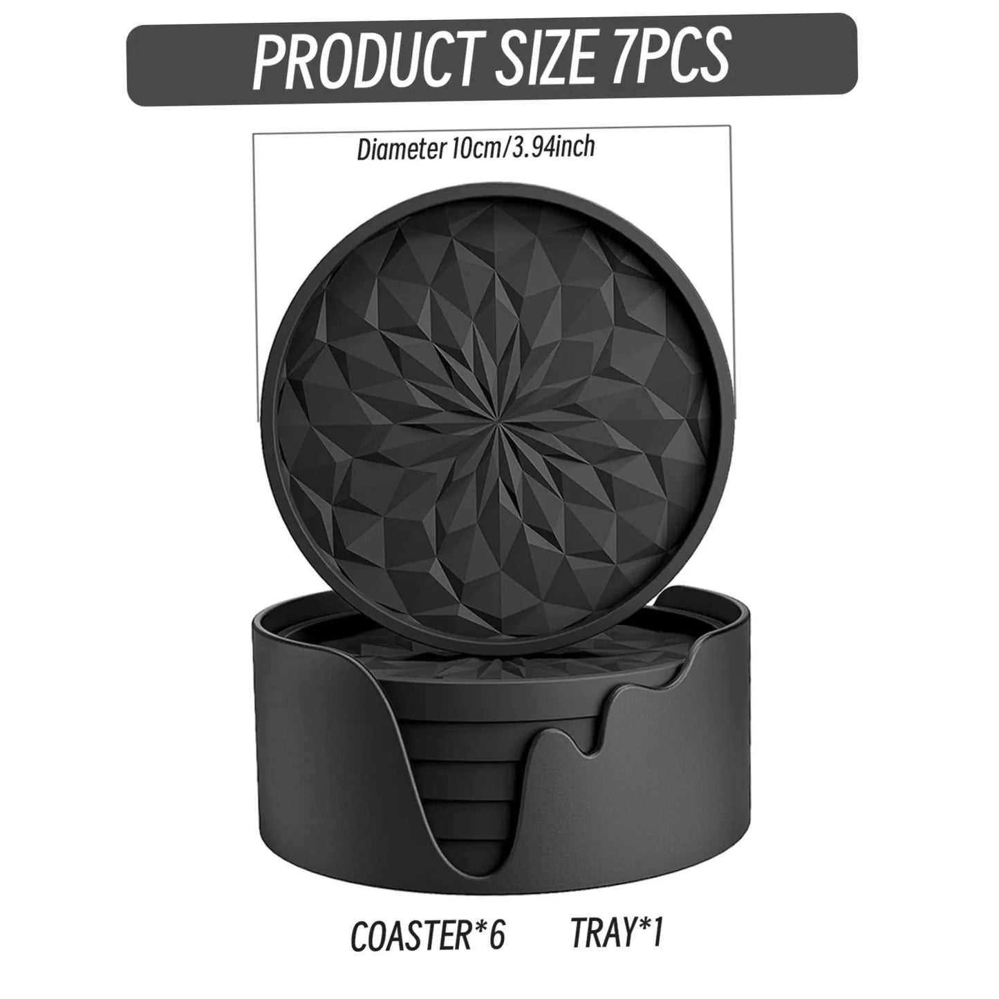 Black Luxury Silicone Coaster Set – 6 PCS Round Drink Mats for Coffee, Beer, Mugs & Car Use