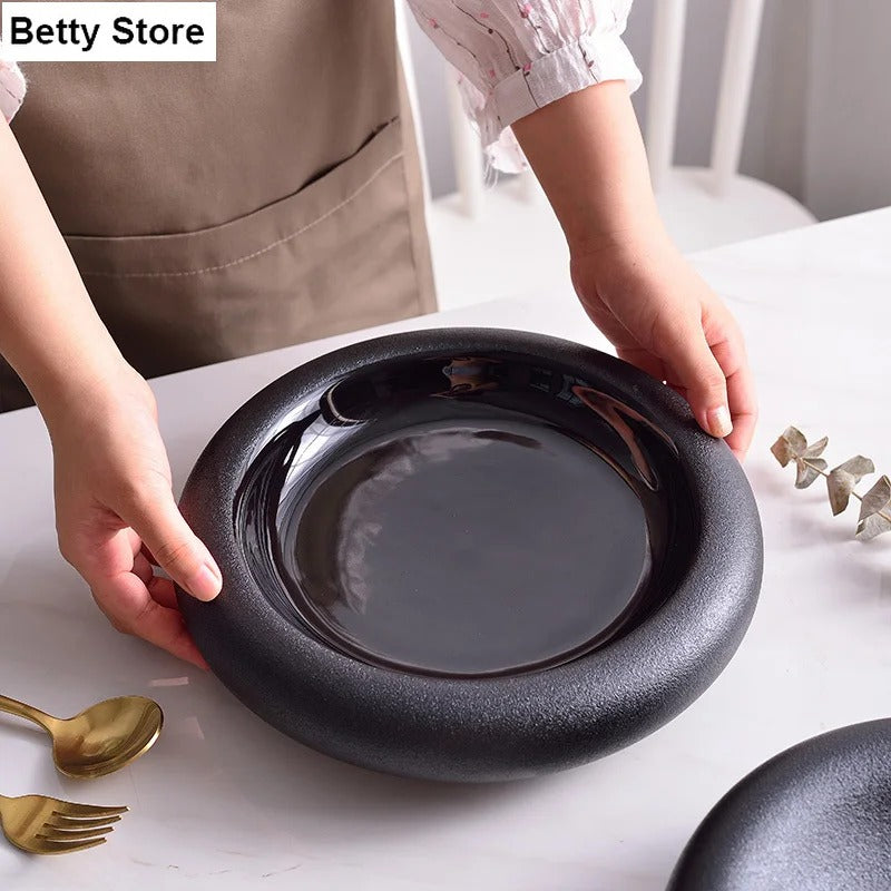 Japanese Style Matte Black Ceramic Dinner Plate – 9-Inch Deep Round Dish for Pasta, Dessert & More