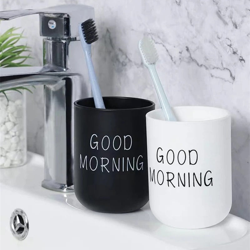 His or Hers Toothbrush Holders , Bathroom Mouthwash Cups, Japanese Drinking Cup 300ml, Water Mug, Plastic Pen Holder (Black & White)