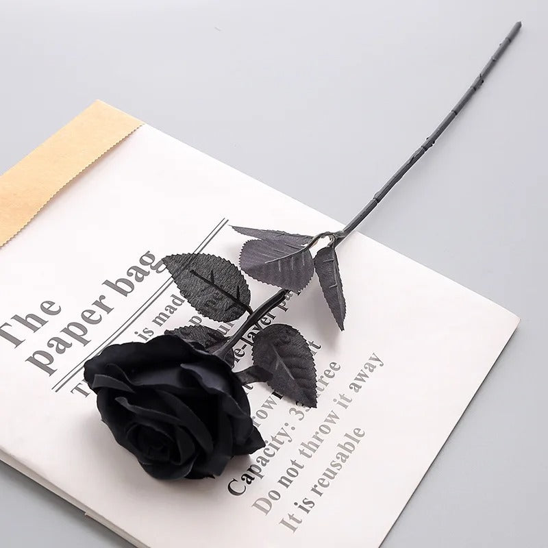 Elegant Pure Black Single Rose – Gothic Halloween & Dark Home Decor Bouquet