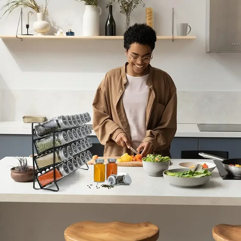 Multi-Tier Black Iron Spice Rack – Countertop Kitchen Organizer for Jars & Seasoning Bottles