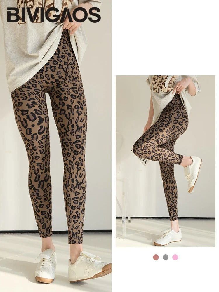 BIVIGAOS 2025 Pink Leopard Seamless Sharkskin Leggings – High Waist Tight Fit Sport and Fitness Wear for Women