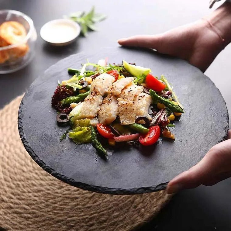 Japanese Style Black Slate Sushi Plate – 20 cm Luxury Rock Dining Plate for Western Cuisine and Grilled Meats