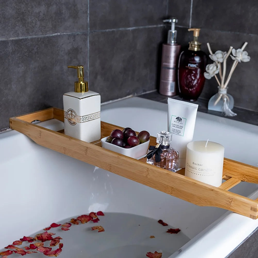 Bamboo Bath Tray – Wooden Bathtub Rack Organizer