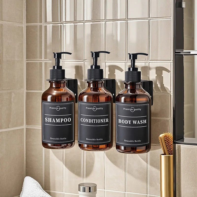 Amber Bathroom Dispenser Bottles – 500ml Reusable Set with Black Label Stickers