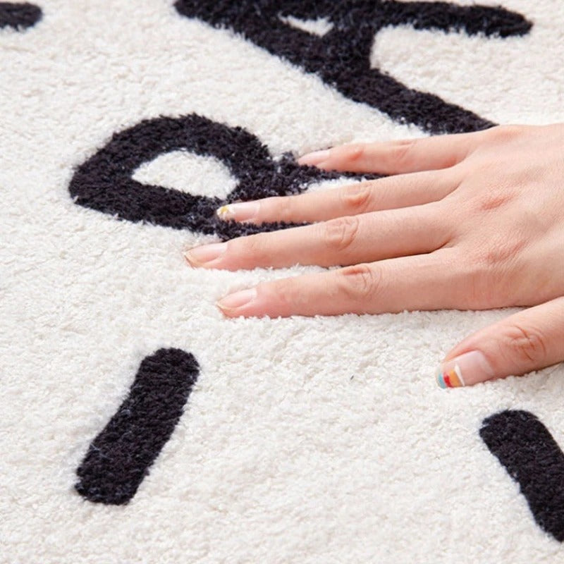 Modern Black Luxury Fluffy Area Rug – Soft Plush Washable Carpet with White Line Design for Living Room & Bedroom