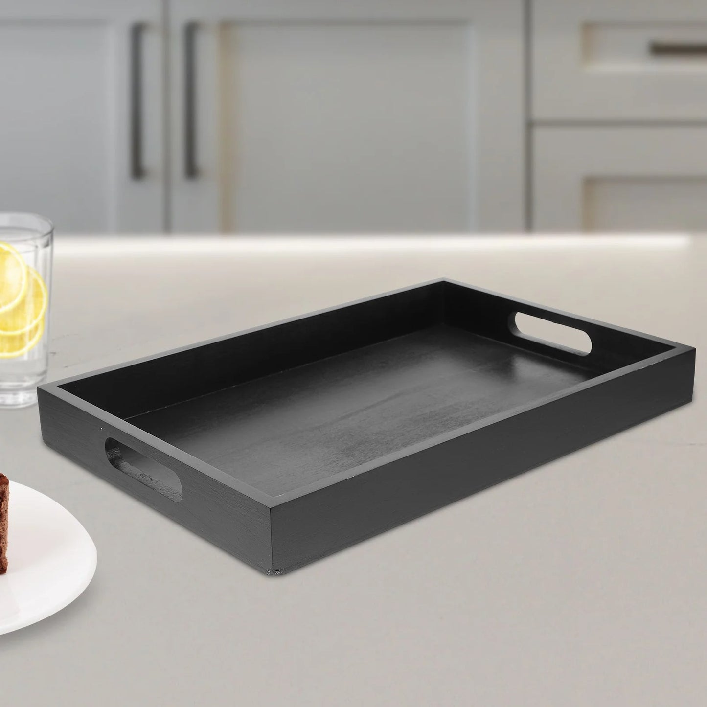 Elegant Black Rectangular Wooden Serving Tray – Decorative Food, Tea, Dessert & Fruit Display Tray