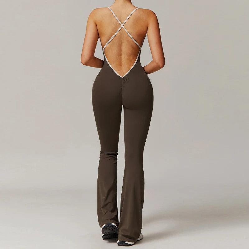 V-Back One-Piece Workout Jumpsuit for Women – Sleeveless Backless Sportswear with Contour Fit Design