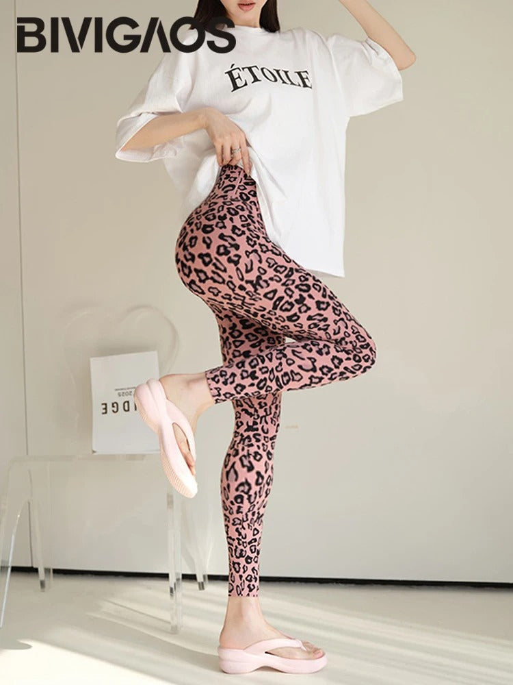 BIVIGAOS 2025 Pink Leopard Seamless Sharkskin Leggings – High Waist Tight Fit Sport and Fitness Wear for Women