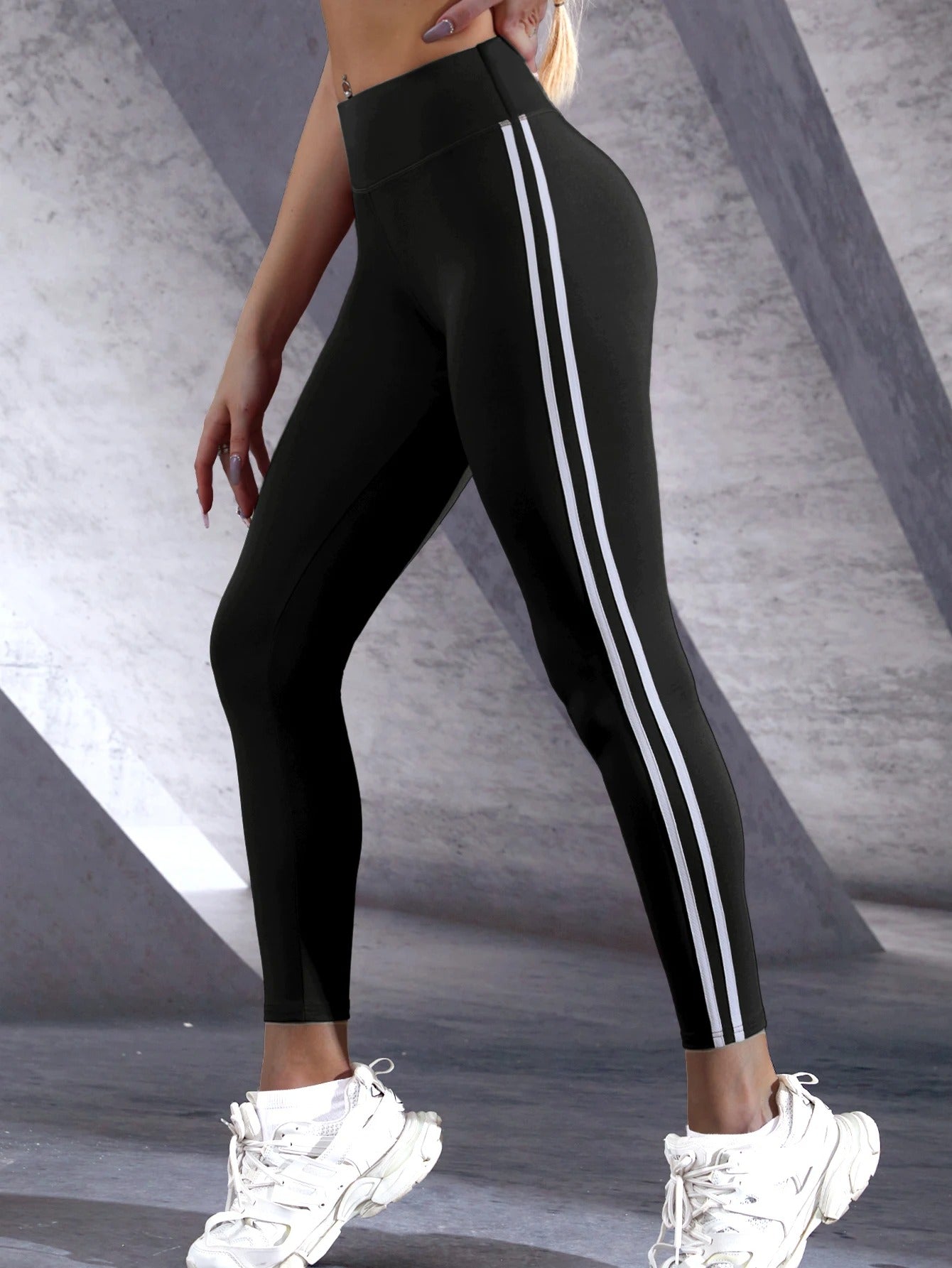SculptLine High-Waisted Yoga Pants – Black with White Side Stripes | Moisture-Wicking & Stretch Fit Leggings