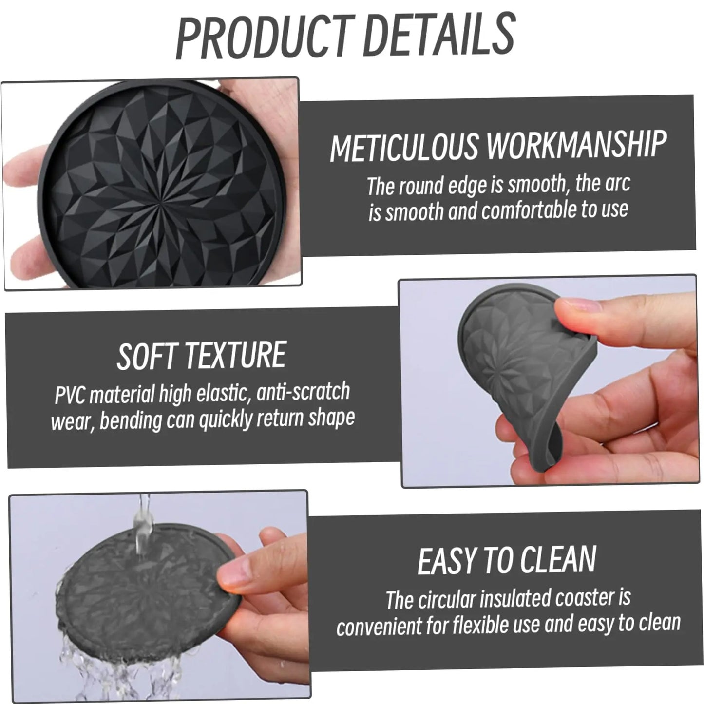 Black Luxury Silicone Coaster Set – 6 PCS Round Drink Mats for Coffee, Beer, Mugs & Car Use