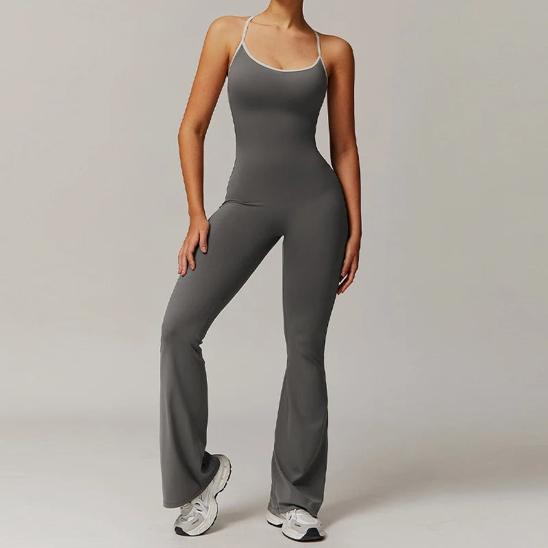 V-Back One-Piece Workout Jumpsuit for Women – Sleeveless Backless Sportswear with Contour Fit Design