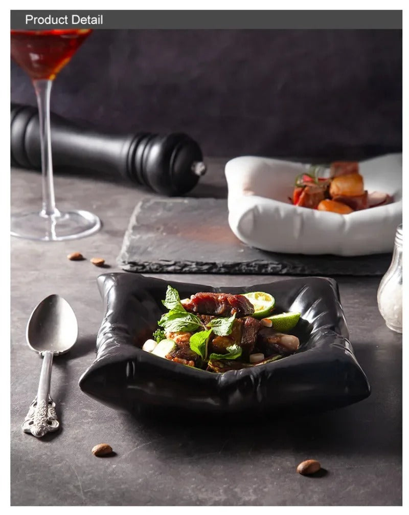 Creative Ceramic Pillow-Style Dinner Plate – Square White and Black Artistic Dessert Tableware
