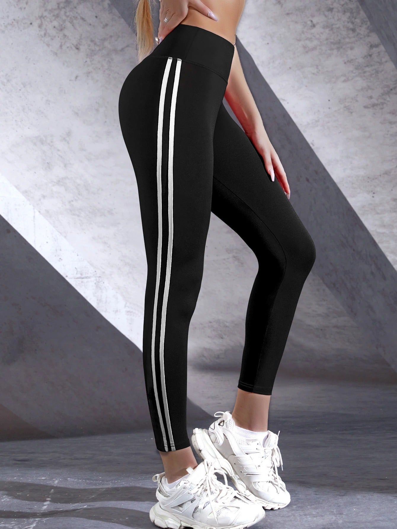 SculptLine High-Waisted Yoga Pants – Black with White Side Stripes | Moisture-Wicking & Stretch Fit Leggings
