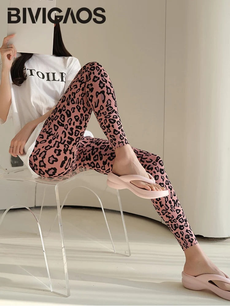 BIVIGAOS 2025 Pink Leopard Seamless Sharkskin Leggings – High Waist Tight Fit Sport and Fitness Wear for Women