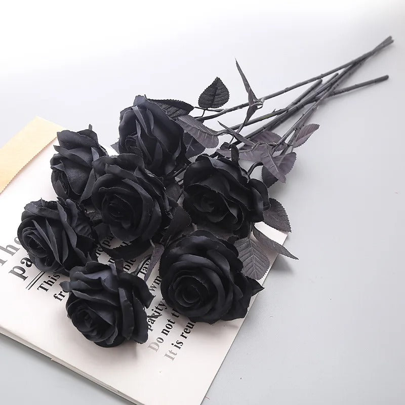 Elegant Pure Black Single Rose – Gothic Halloween & Dark Home Decor Bouquet