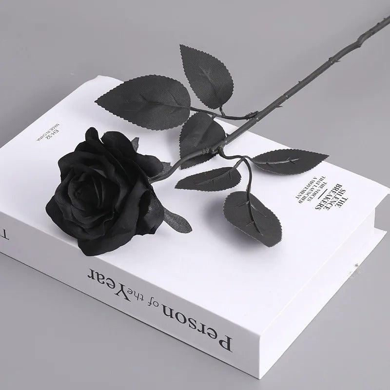 Elegant Pure Black Single Rose – Gothic Halloween & Dark Home Decor Bouquet