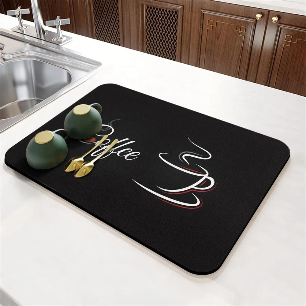 Elegant Black Coffee Cup Drying Mat – Non-Slip Diatom Absorbent Kitchen Counter Pad
