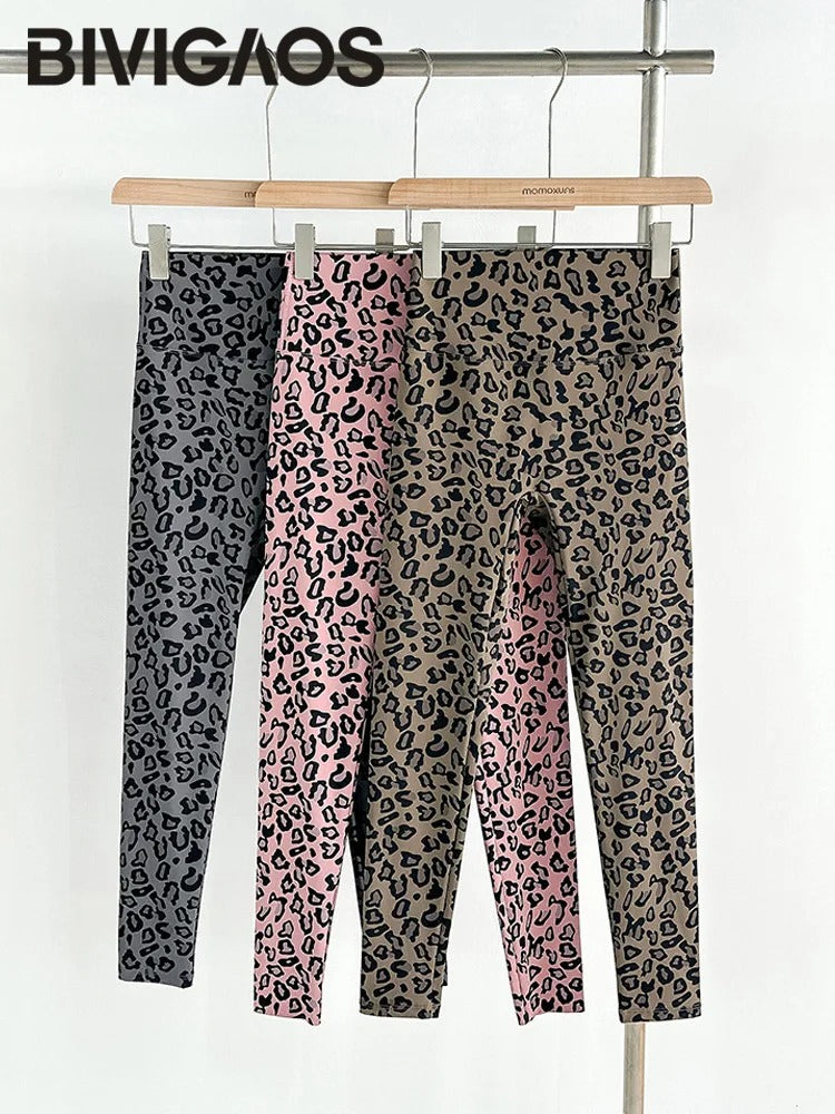 BIVIGAOS 2025 Pink Leopard Seamless Sharkskin Leggings – High Waist Tight Fit Sport and Fitness Wear for Women