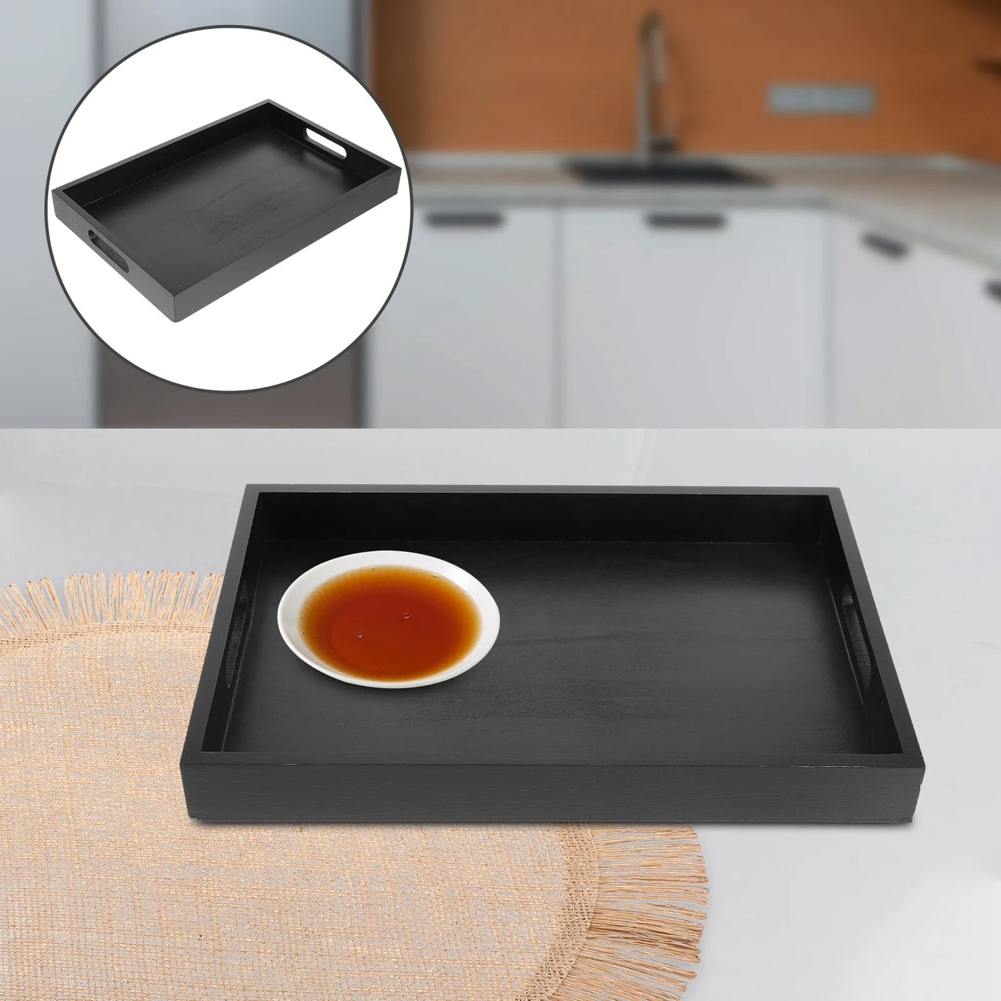 Elegant Black Rectangular Wooden Serving Tray – Decorative Food, Tea, Dessert & Fruit Display Tray