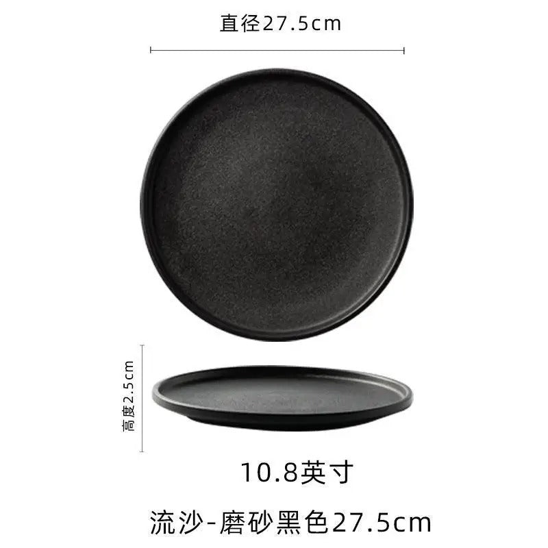 Black Frosted Steak and Pasta Plate – Western Style Luxury Dining Dish with White Quicksand Texture for Hotel and Restaurant Display