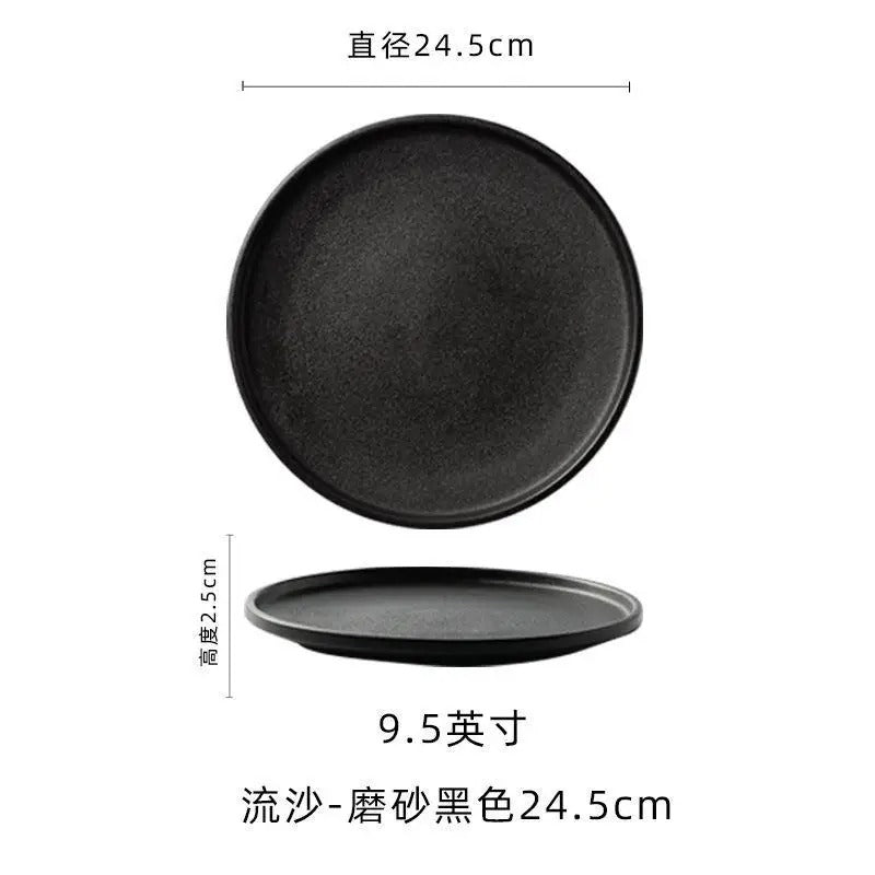 Black Frosted Steak and Pasta Plate – Western Style Luxury Dining Dish with White Quicksand Texture for Hotel and Restaurant Display