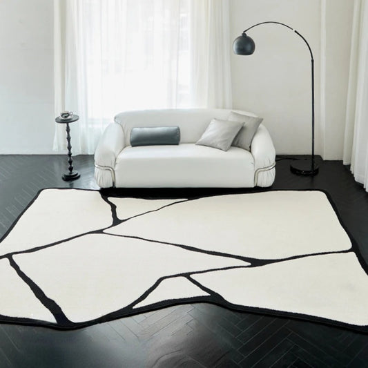 Modern Black Luxury Fluffy Area Rug – Soft Plush Washable Carpet with White Line Design for Living Room & Bedroom