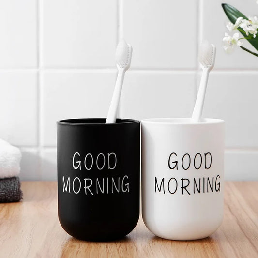 His or Hers Toothbrush Holders , Bathroom Mouthwash Cups, Japanese Drinking Cup 300ml, Water Mug, Plastic Pen Holder (Black & White)