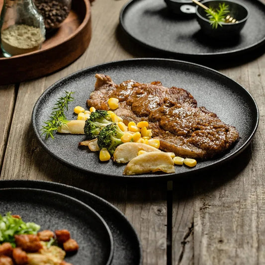 Japanese Style Black Ceramic Plate Set – Elegant Dinnerware for Steak, Western Cuisine, and Kitchen Decor