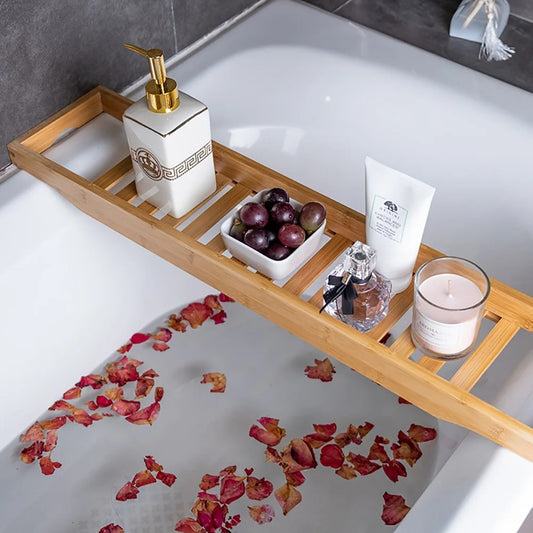 Bamboo Bath Tray – Wooden Bathtub Rack Organizer