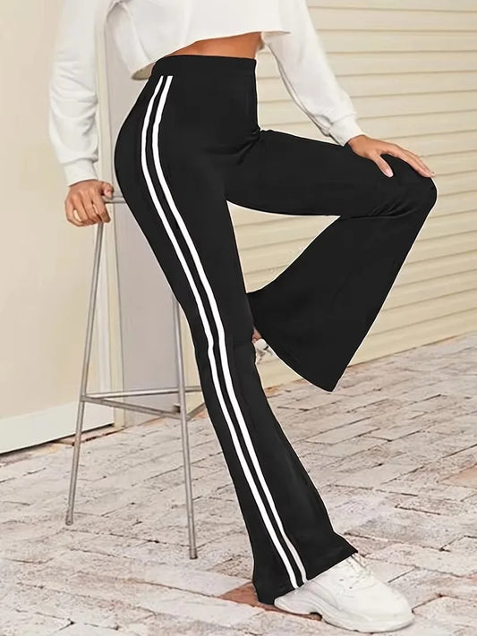 Verdusa Women's Contrast Striped Side Flare Leg Pants Elastic High Waist Workout Pants