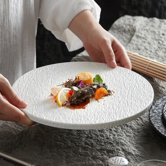 Frosted Black and White Round Flat Plate – Western-Style Electroplated Ceramic Dinnerware for Steak, Cake, and Fine Dining