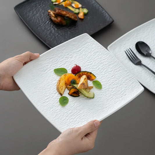 High Quality Matte Ceramic Dinner Plates – 9-Inch Square Retro Dishes in Black & White