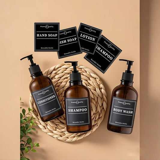 Amber Bathroom Dispenser Bottles – 500ml Reusable Set with Black Label Stickers