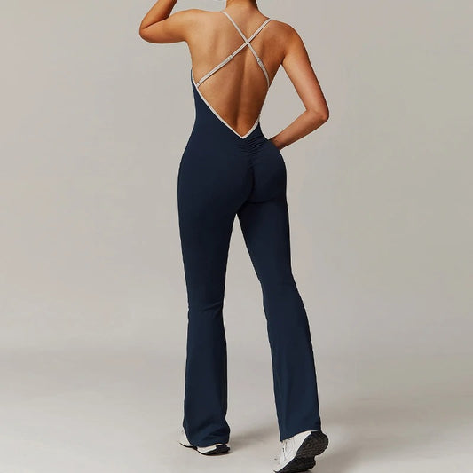 V-Back One-Piece Workout Jumpsuit for Women – Sleeveless Backless Sportswear with Contour Fit Design