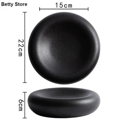 Japanese Style Matte Black Ceramic Dinner Plate – 9-Inch Deep Round Dish for Pasta, Dessert & More